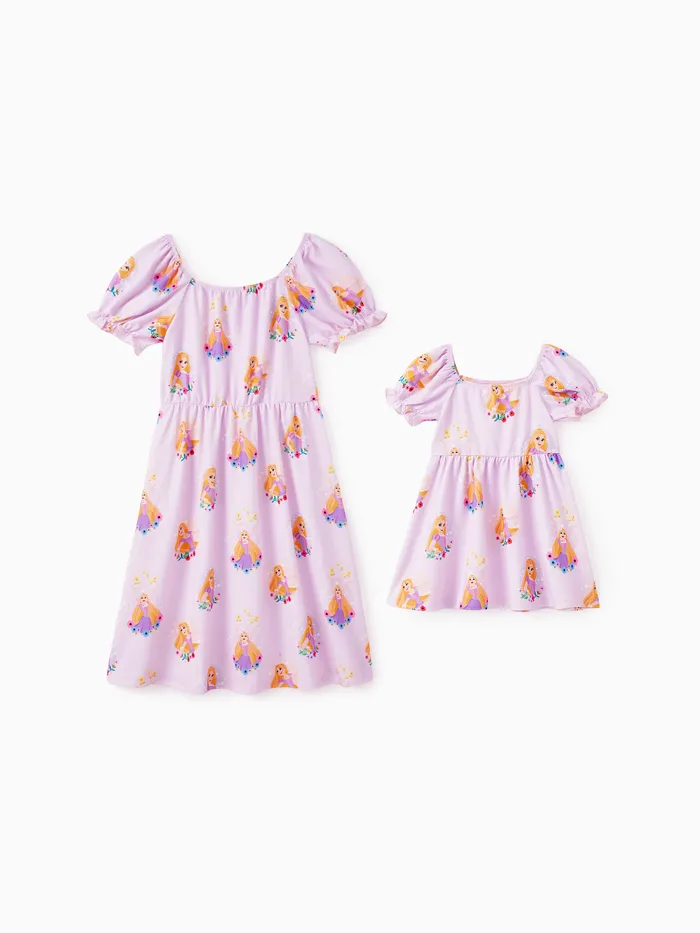 Disney princess Mom and me Rapunzel Floral pattern Puff sleeve dress
