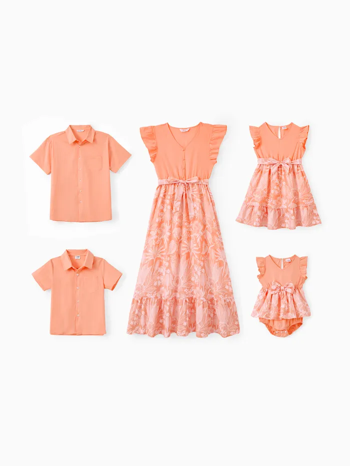 家庭配套套裝純色橙色襯衫或熱帶植物花卉人造紐扣荷葉邊下擺連衣裙