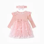 2pcs Baby Girl 95% Cotton Ribbed Long-sleeve Splicing 3D Butterfly Appliques Mesh Fairy Dress with Headband Set Light Pink