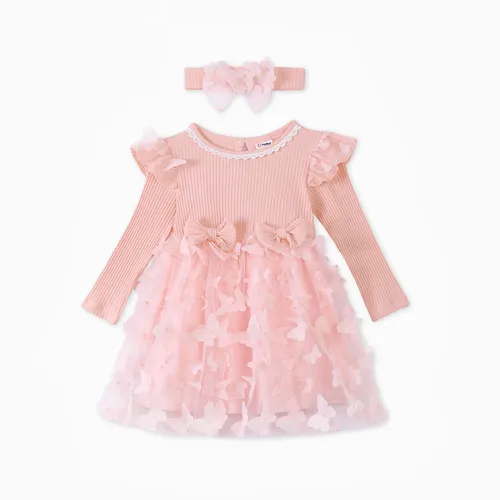 2pcs Baby Girl 95% Cotton Ribbed Long-sleeve Splicing 3D Butterfly Appliques Mesh Fairy Dress with Headband Set