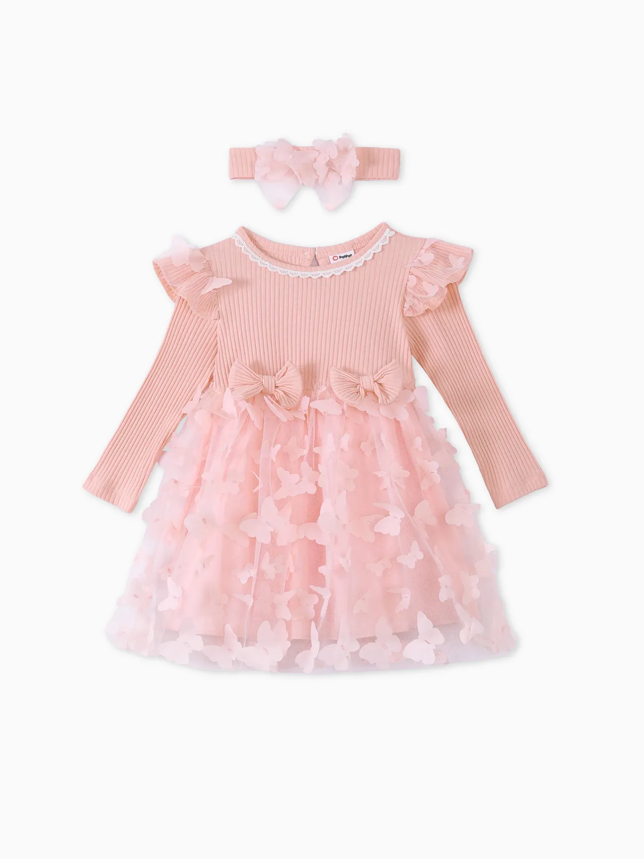 2件 嬰兒 立體造型 甜美 長袖 連衣裙 淺粉 big image 1