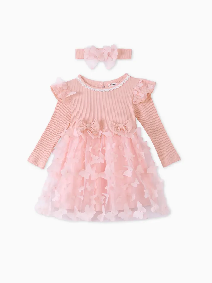 2pcs Baby Girl 95% Cotton Ribbed Long-sleeve Splicing 3D Butterfly Appliques Mesh Fairy Dress with Headband Set