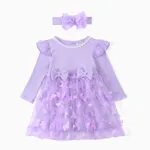 2pcs Baby Girl 95% Cotton Ribbed Long-sleeve Splicing 3D Butterfly Appliques Mesh Fairy Dress with Headband Set Purple
