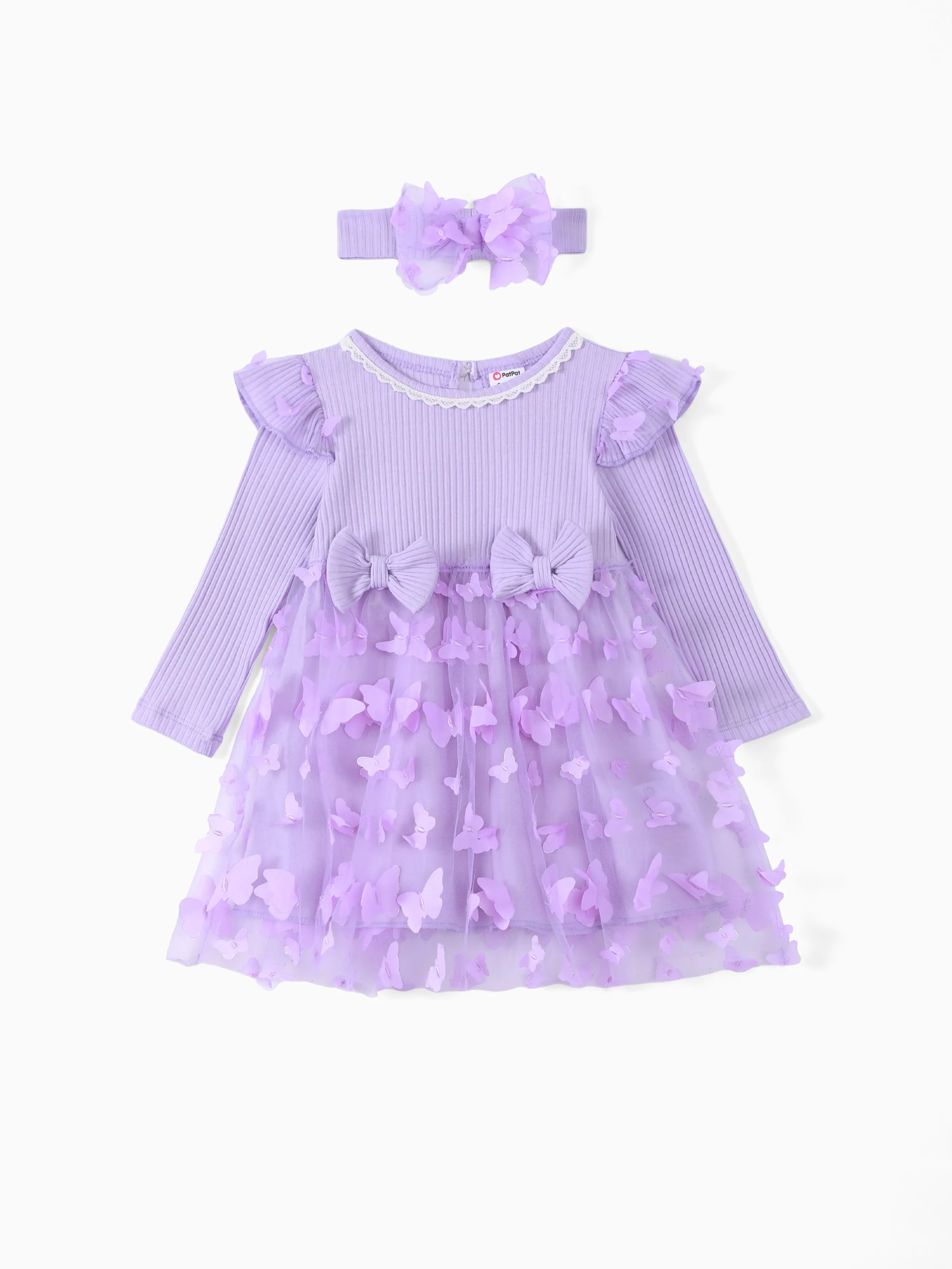 

2pcs Baby Girl 95% Cotton Ribbed Long-sleeve Splicing 3D Butterfly Appliques Mesh Fairy Dress with Headband Set