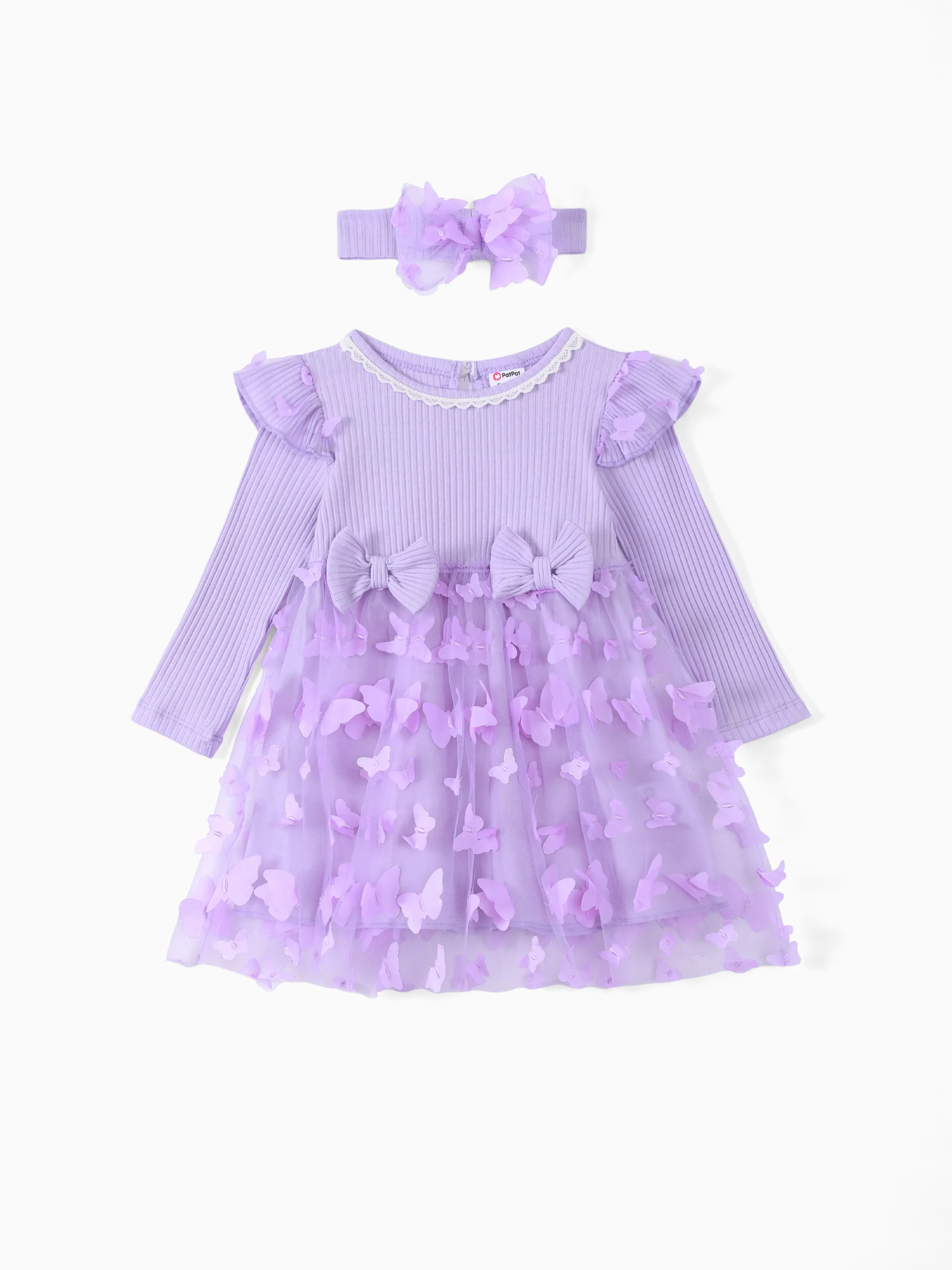 2 pièces bébé fille 95% coton côtelé à manches longues épissage 3d papillon appliques robe en maille avec bandeau ensemble