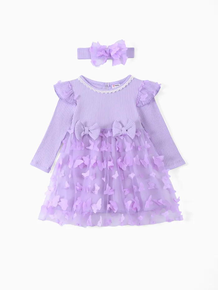 Conjunto para bebê menina (2 peças) com faixa de cabeça e vestido em tule com manga longa canelada e aplicações 3D de borboletas em 95% algodão