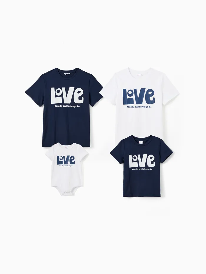 Family Matching Love Theme Slogan Print Solid Color Short Sleeves Cotton Tops 
