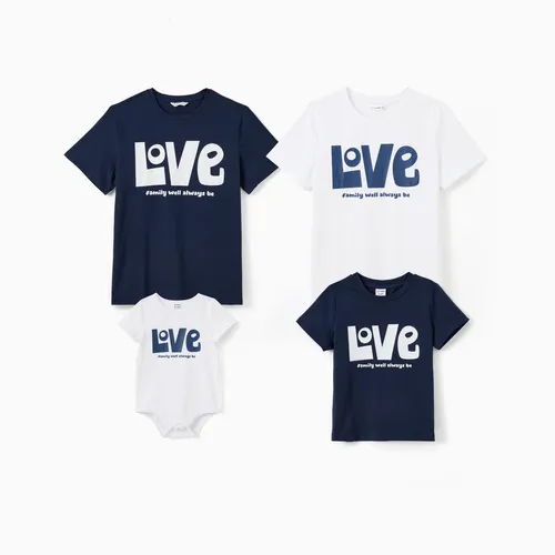 Family Matching Love Theme Slogan Print Solid Color Short Sleeves Cotton Tops 