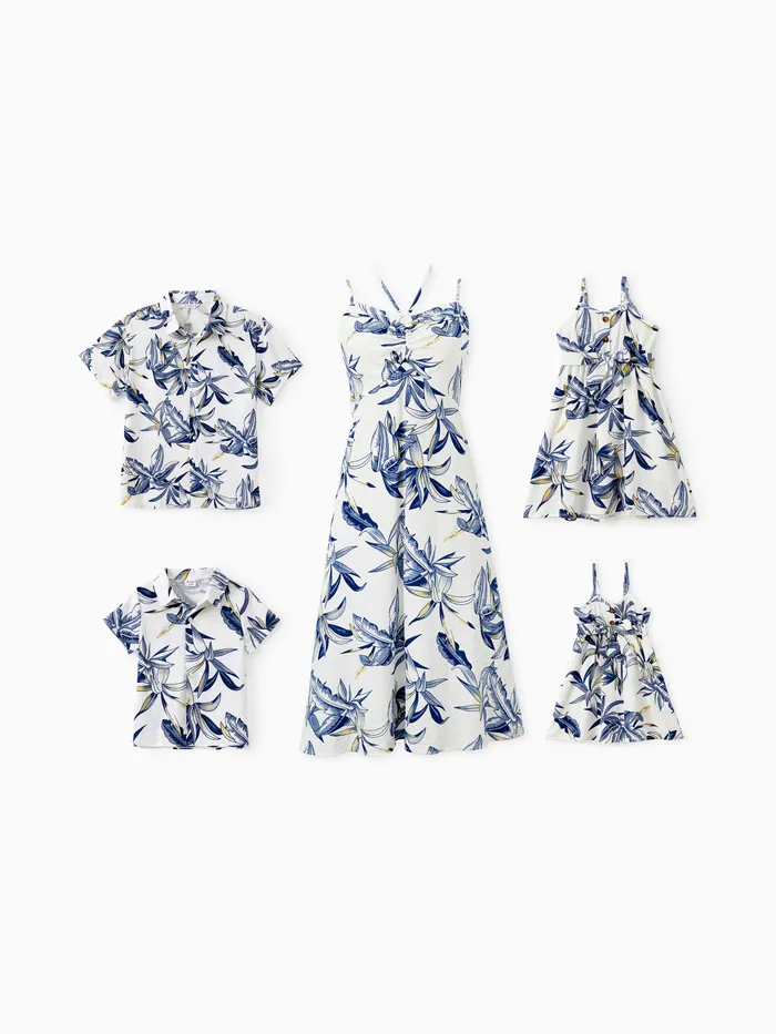 Family Matching Sets Plant Floral Shirt or Drawstring Front Halter Strap A-Line Dress  