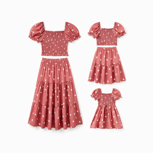 Mommy and Me Matching Polka Dot Shirred Top and A-Line Tiered Skirt Co-ord Sets