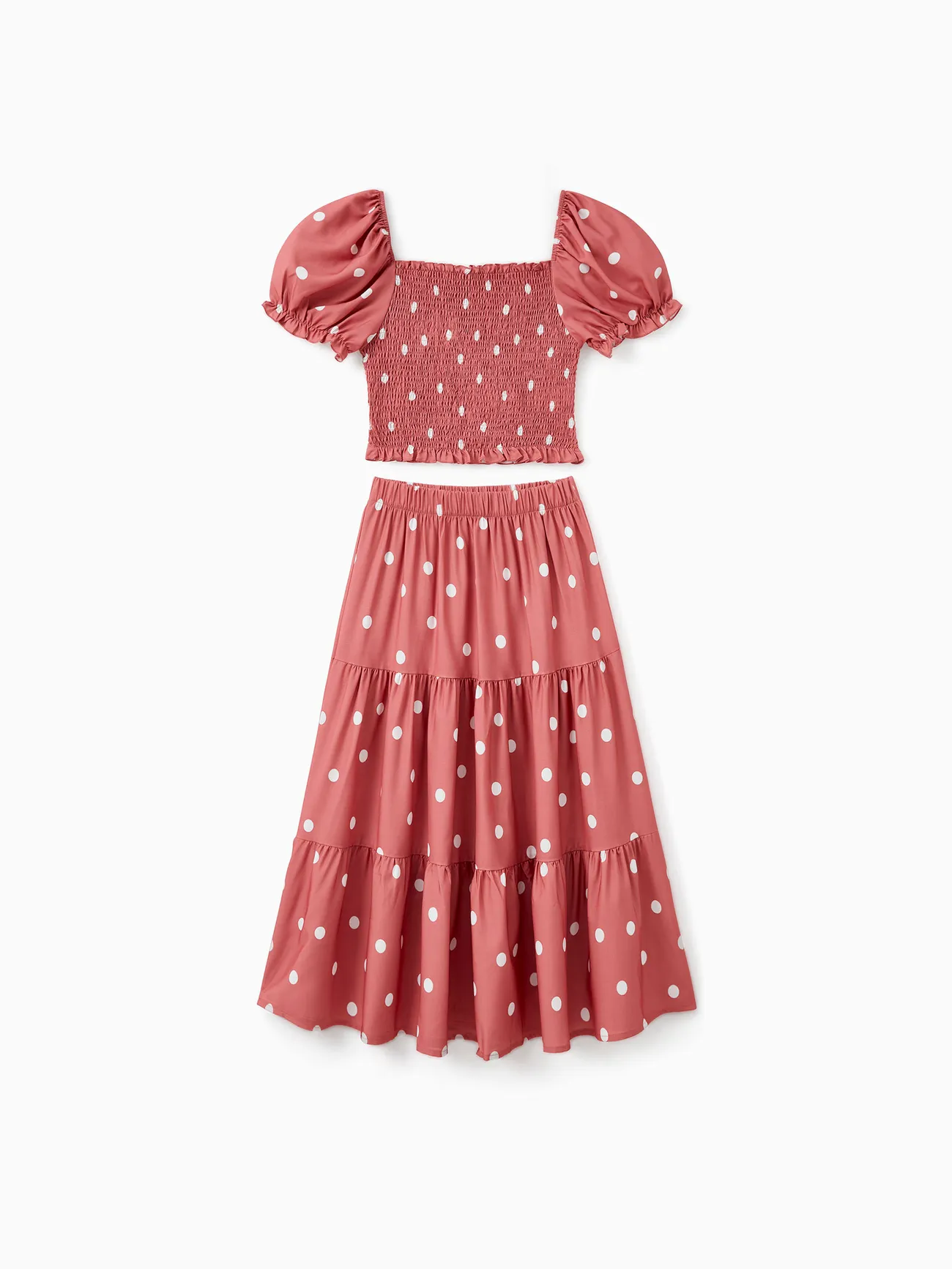 

Mommy and Me Matching Polka Dot Shirred Top and A-Line Tiered Skirt Co-ord Sets