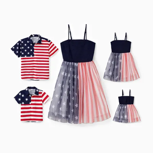 Independence Day Family Matching American Flag Print Vacation Shirt and Shirred Black Top Spliced Tulle Dress Sets 