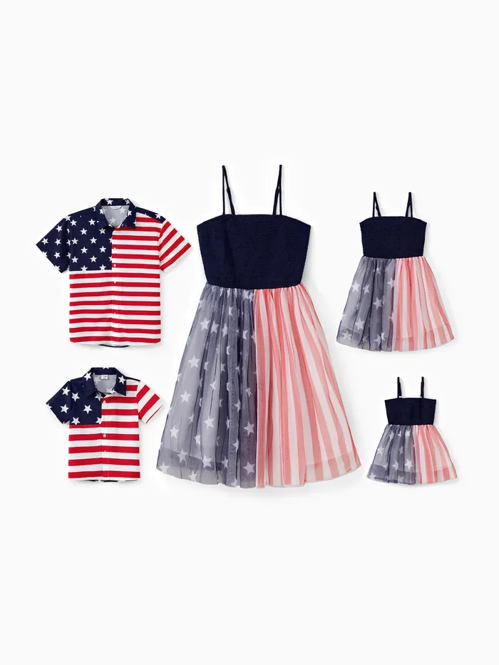 Camisa de vacaciones con estampado de bandera estadounidense a juego con la familia del Día de la Independencia y fruncido Conjuntos de vestido de tul empalmado en la parte superior negra fruncida 