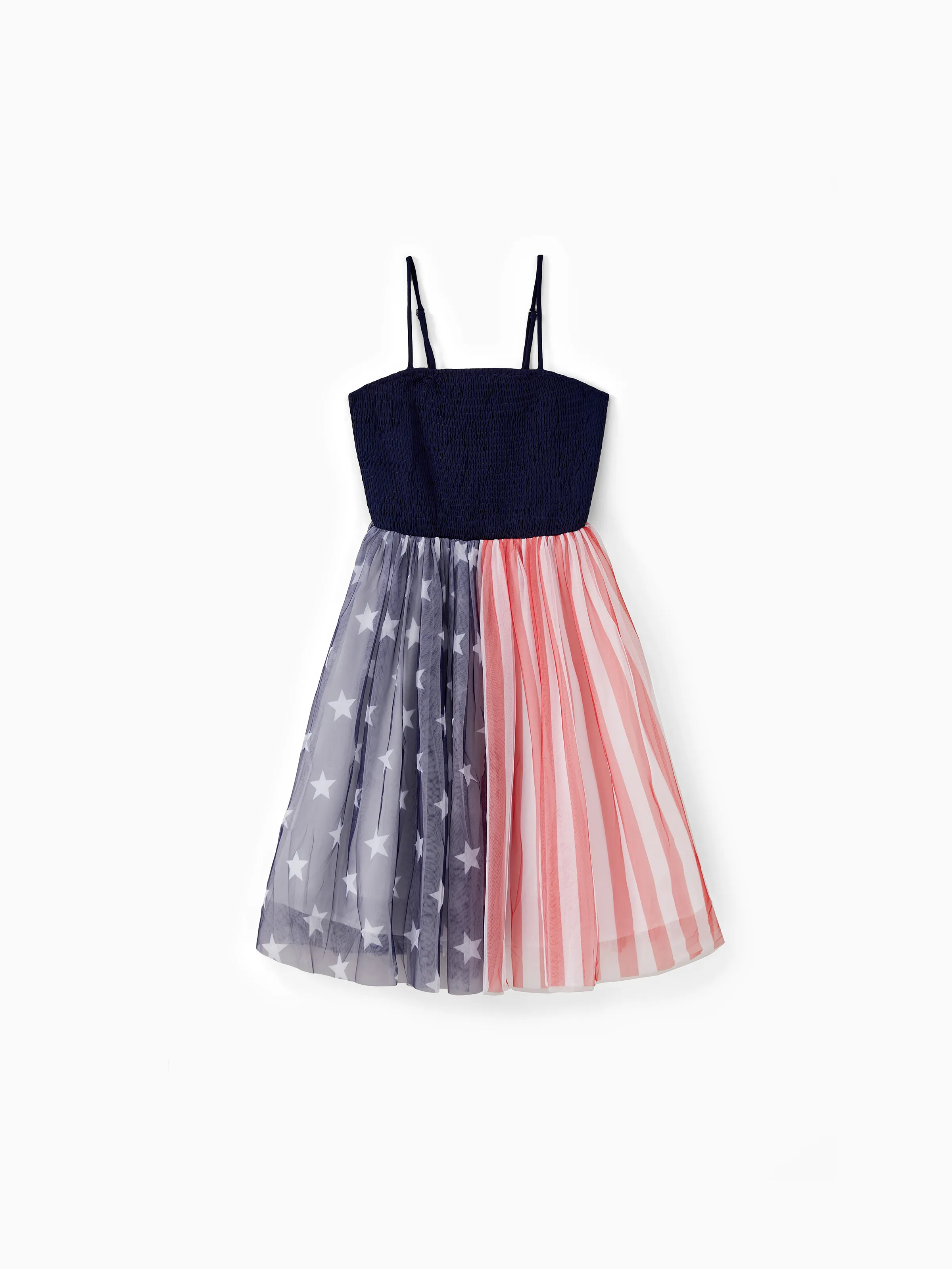 

Independence Day Family Matching American Flag Print Vacation Shirt and Shirred Black Top Spliced Tulle Dress Sets