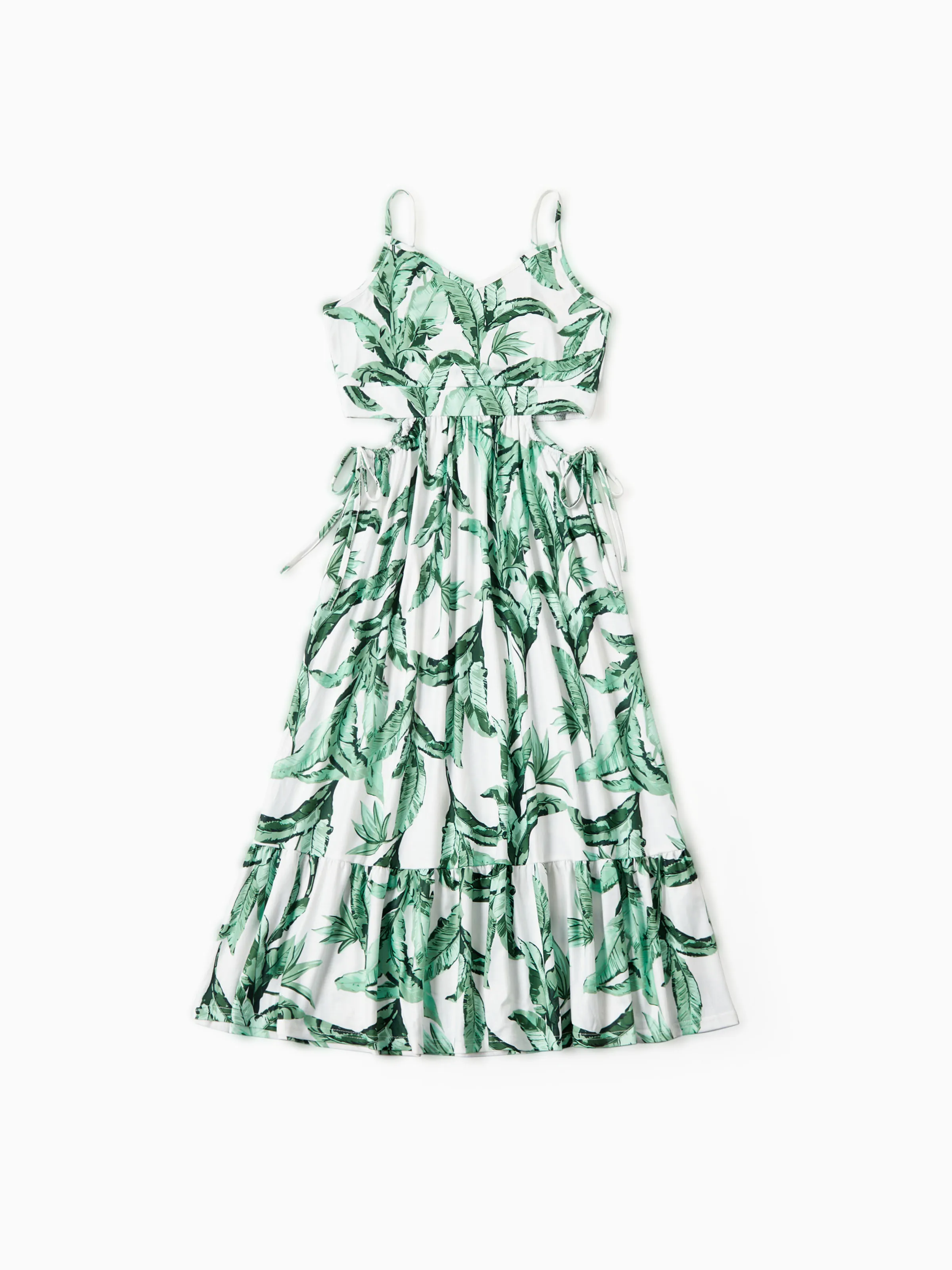 

Family Matching Color Block Tee and Green Leaf Pattern Cut Out Drawstring Waist Strap Dress Sets