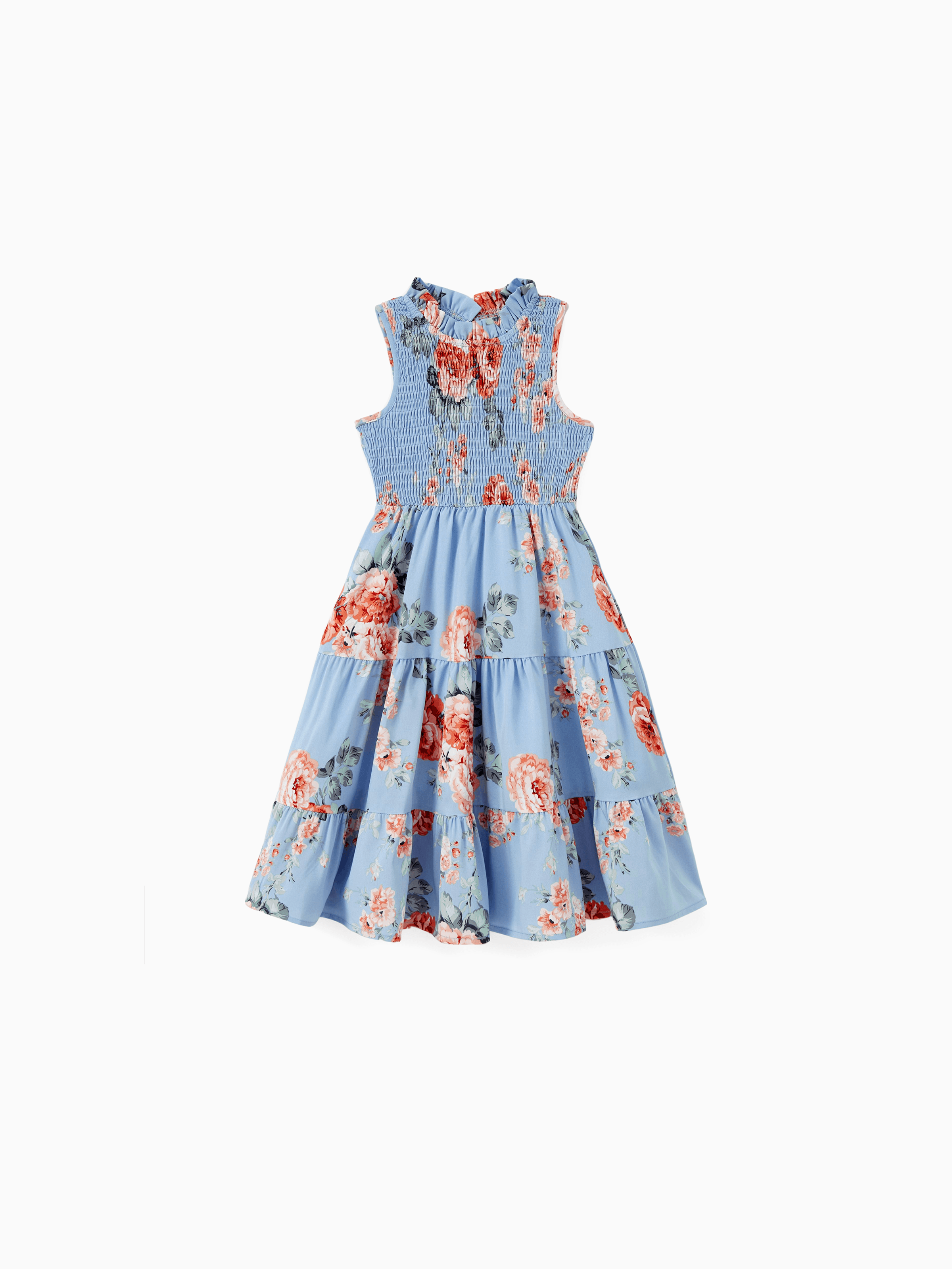 

Family Matching Sets Pure Blue Polo Shirt or Flower Floral Shirred Top A-Line Sleeveless Dress