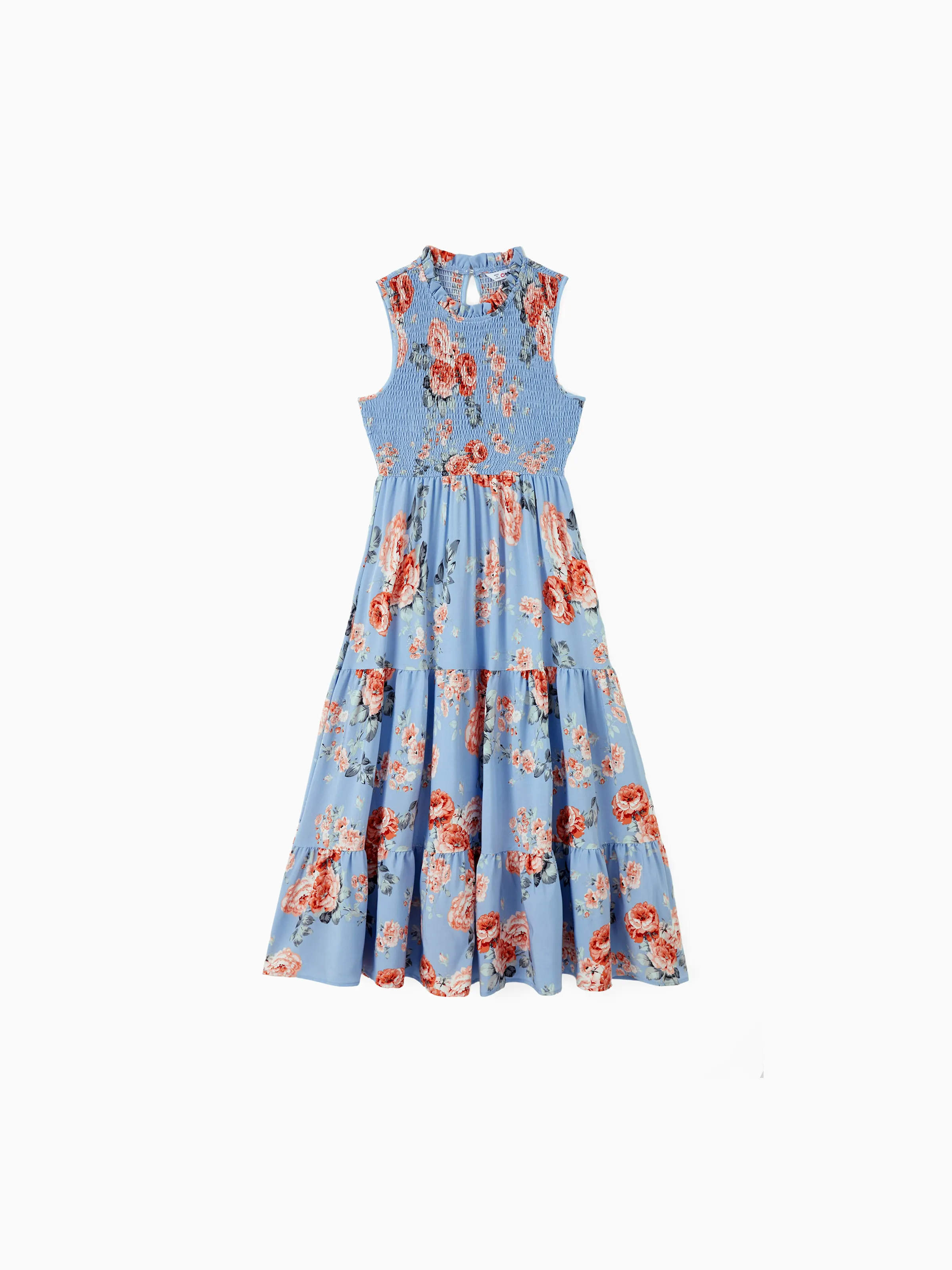 

Family Matching Sets Pure Blue Polo Shirt or Flower Floral Shirred Top A-Line Sleeveless Dress