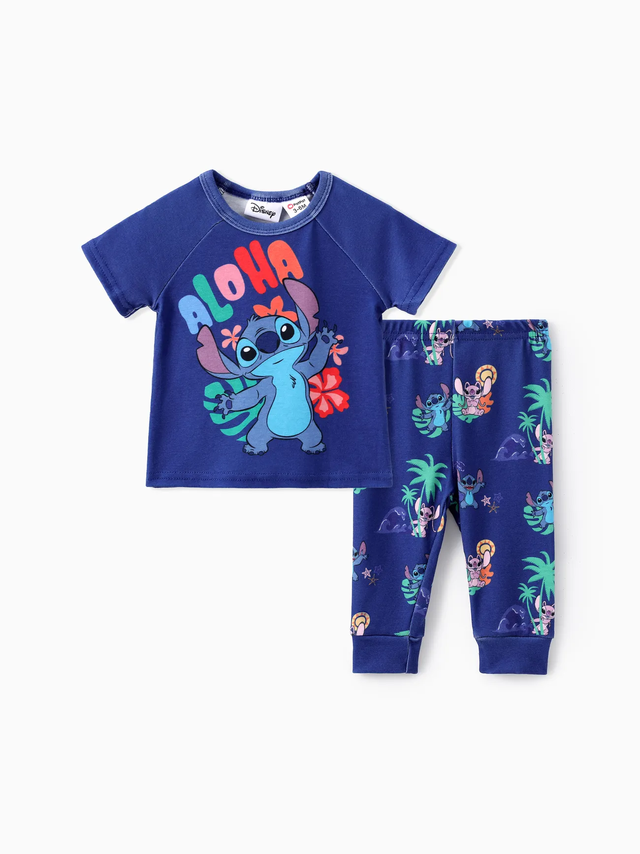 Disney Stitch Baby Boys/Girls 2pcs Naia™ Floral PlantCharacter Print Top T-short with Pant Set Deep Blue big image 1