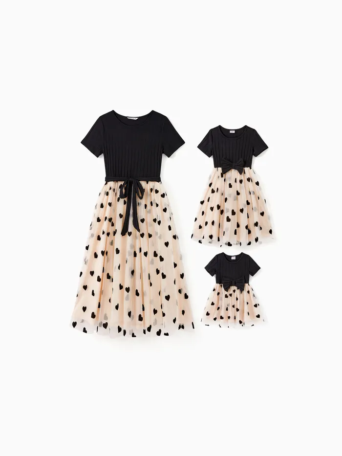 Mommy and Me Black Top Spliced Heart Pattern Mesh Dresses