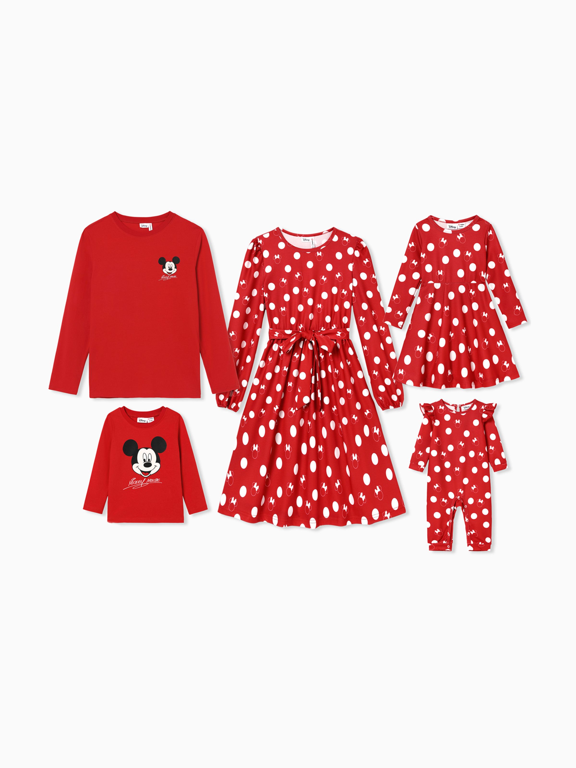 

Disney Mickey and Friends Family Matching Character Print Polka Dots Long-sleeve Red Dress or Cotton Top
