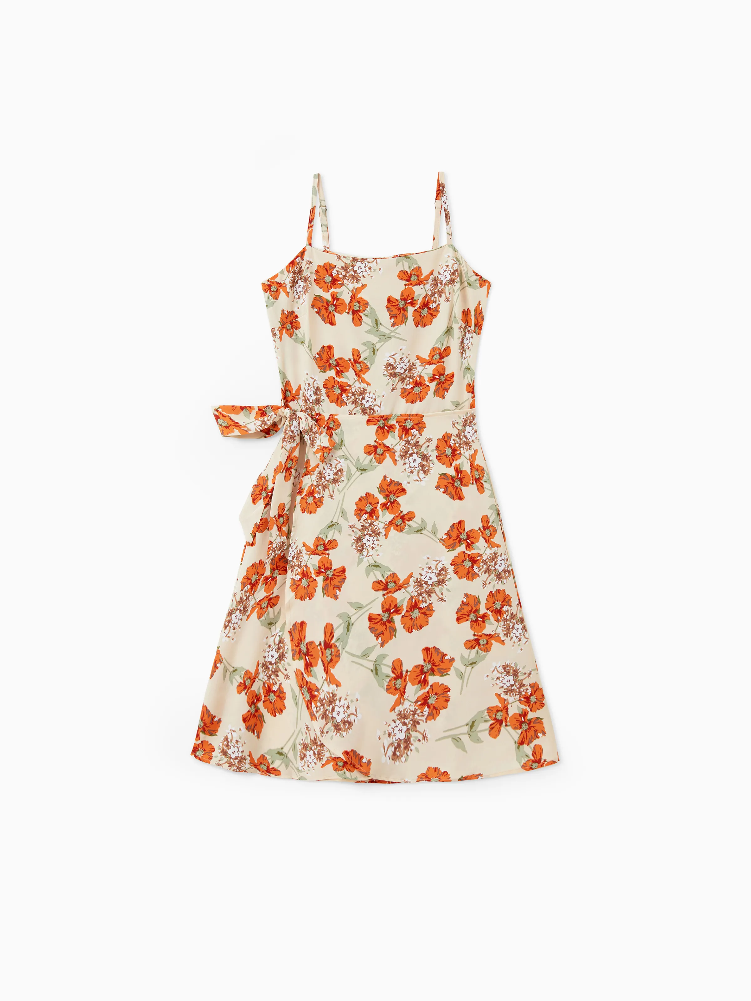 

Mommy and Me Apricot Floral Tie Waist Shirred Back Strap Dresses