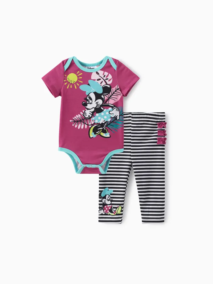 迪士尼米奇和朋友們女嬰 2 件 Naia™ Minnie 植物圖案印花連體衣搭配條紋印花褲子套裝