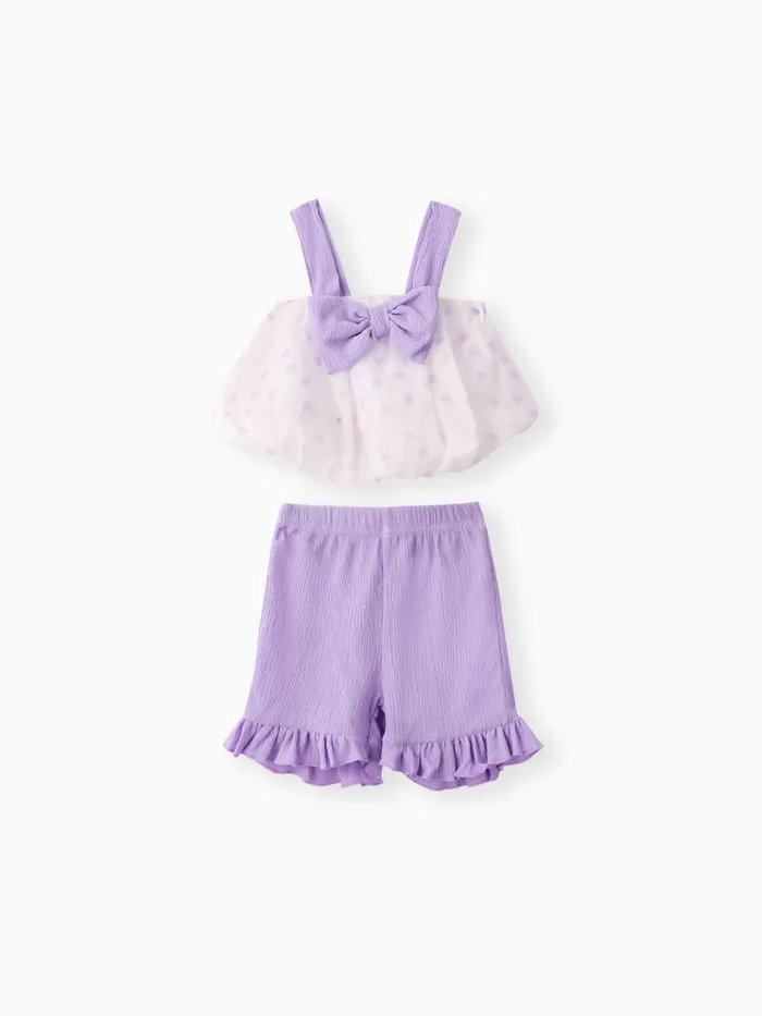 Baby Mädchen 2-teiliges Set aus gepunktetem Mesh-Camisole und gerüschten Shorts