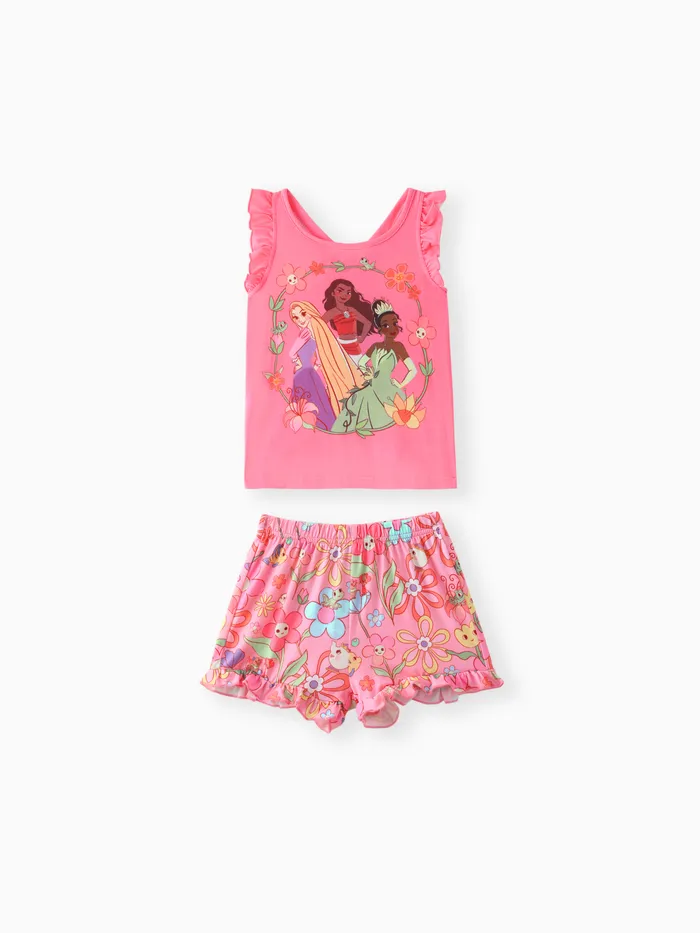 Disney Princess Toddler Girls Moana/Raiponce/Tiana 2pcs Naia™ Haut à manches à volants à imprimé floral avec ensemble de shorts
