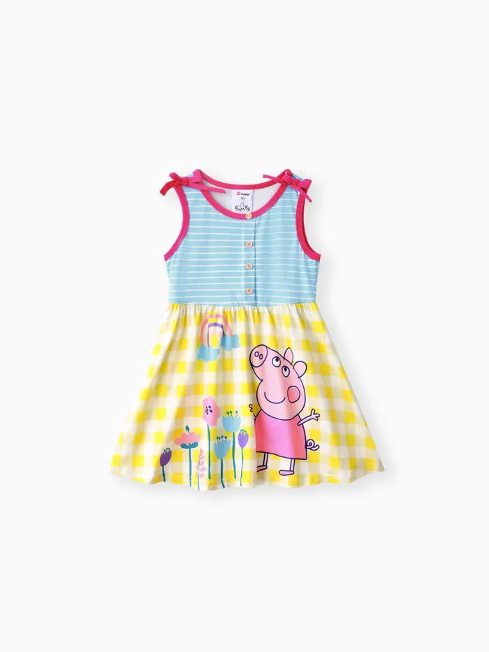 Peppa Pig Toddler Girls 1pc Floral Rainbow Character Rayé avec Checker Print Bowknot Robe Sans Manches