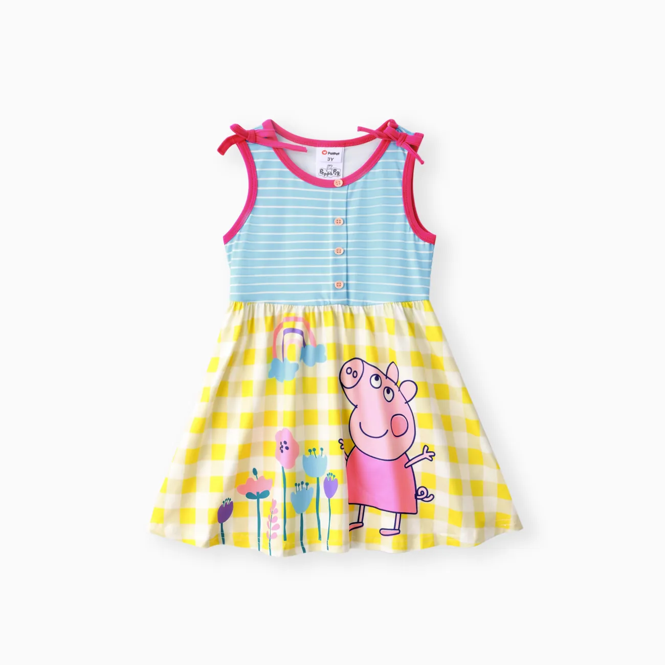Peppa Pig Toddler Girls 1pc Floral Rainbow Character Striped with Checker Print Bowknot Sleeveless Dress