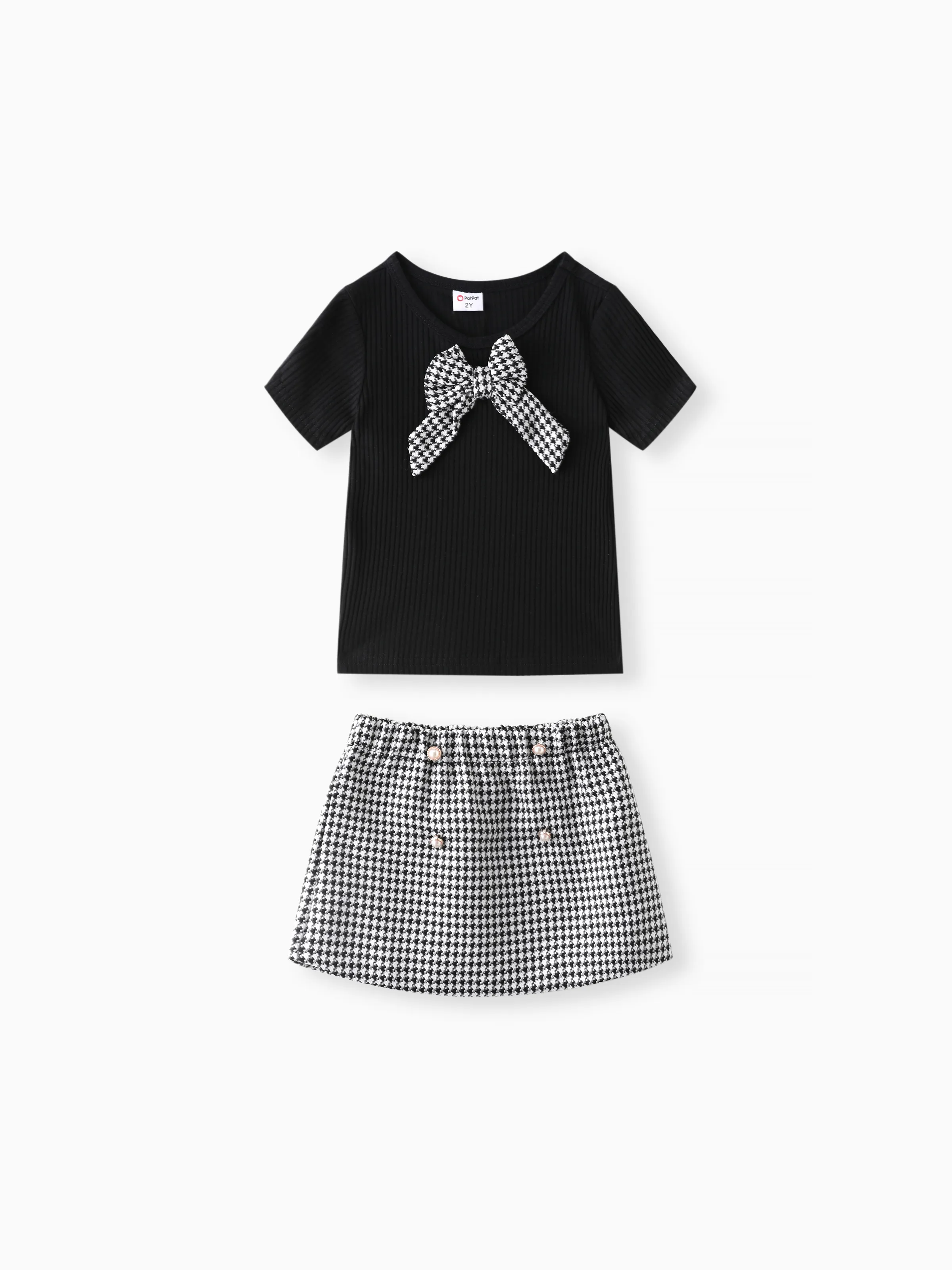 

Toddler Girl 2pcs Bowknot Tee and Grid Skirts Set