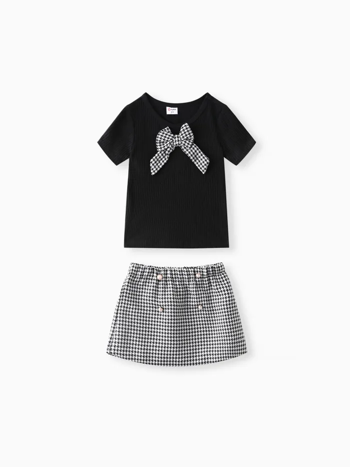 Toddler Girl 2pcs Bowknot Tee and Grid Skirts Set