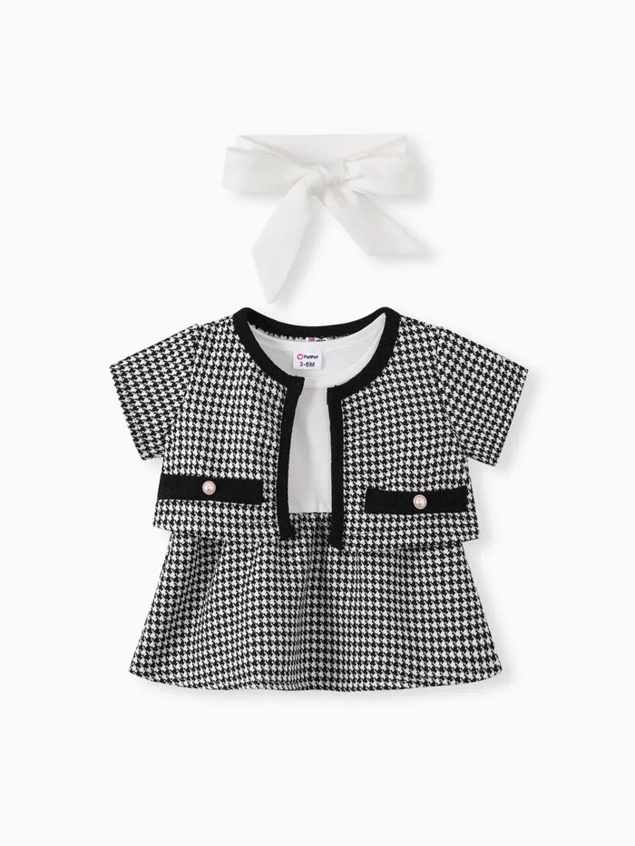 Baby Girl 3pcs Houndstooth Print Cardigan and Dress with Headband Set