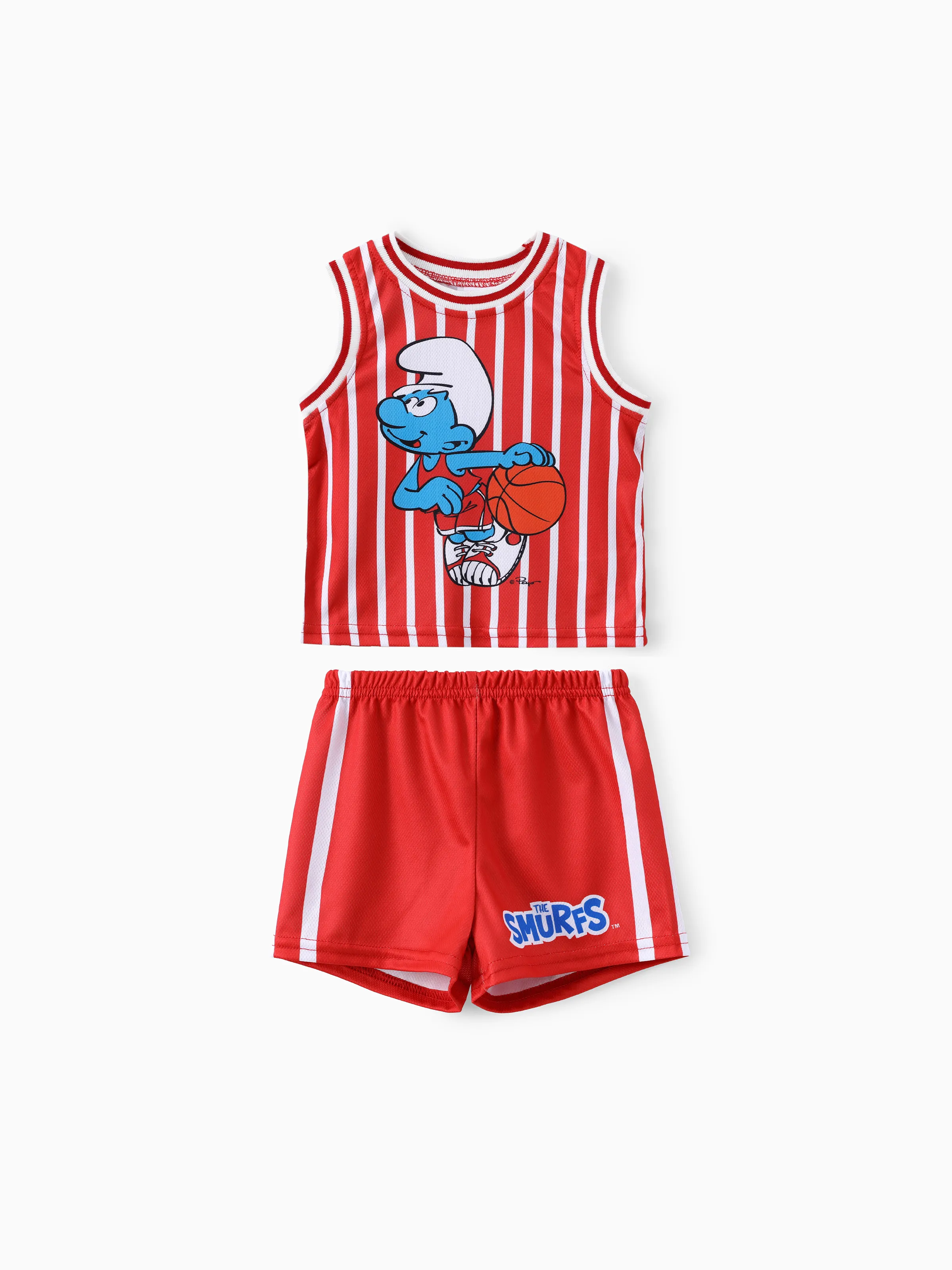 Los Pitufos Bebé / Niño Pequeño Niños 2pc Personaje de Baloncesto Estampado A Rayas Camiseta Sin Mangas Con Pantalones Cortos Conjunto Deportivo