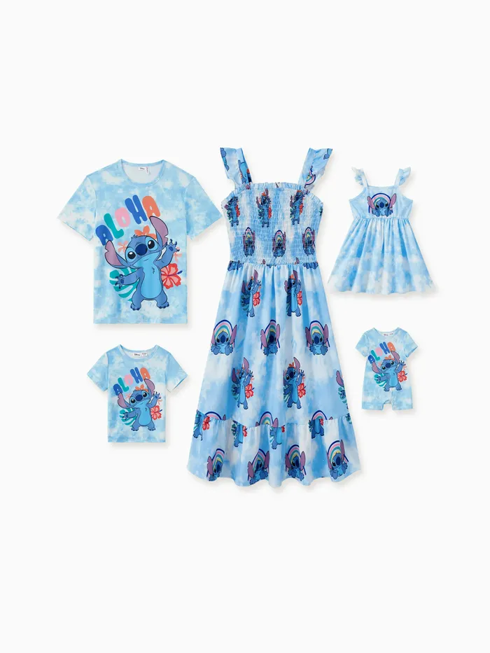 Disney Stitch Familie Passendes naia™ Blumen-Charakter-Print Himmelblaues Batik-ärmelloses Kleid/Strampler/T-Shirt