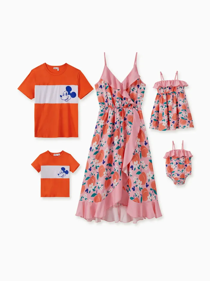 Disney Mickey and Friends Family Matching Floral Peach Mickey Print Cotton Tee / Vestido de volantes sin mangas / Mameluco