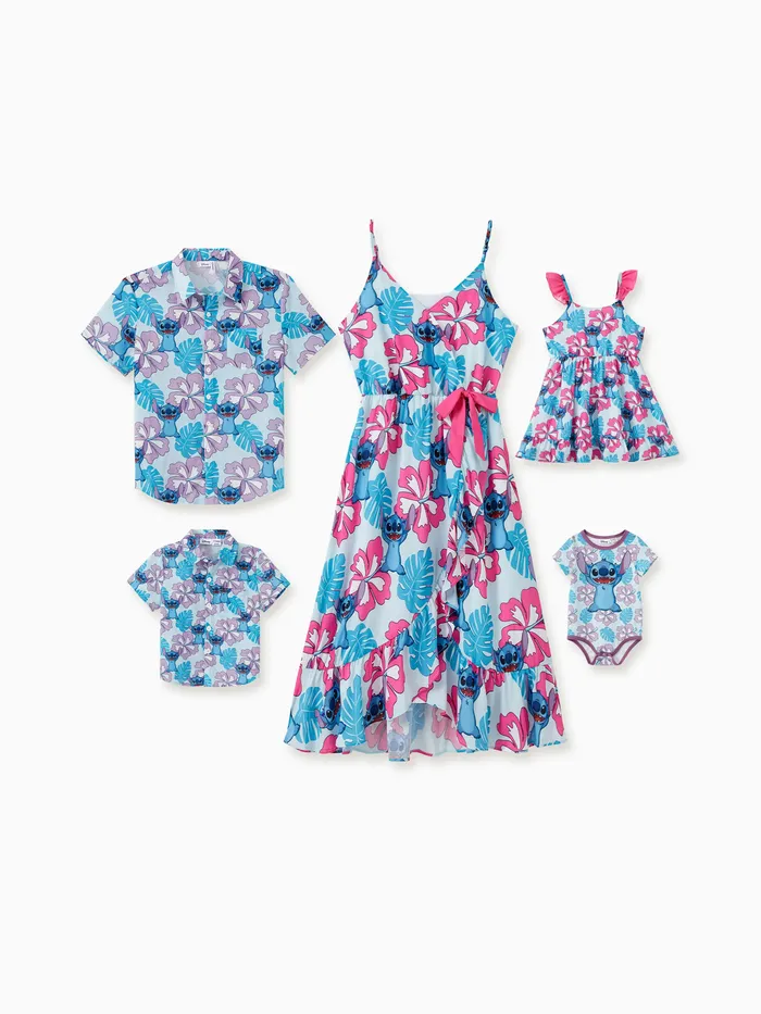 Disney Stitch Family 搭配 Naia™ Stitch 和夏威夷風格花卉印花無袖連衣裙/連體衣/襯衫