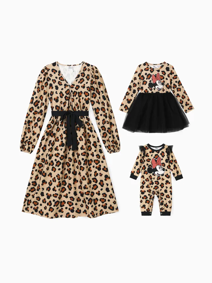 Disney Mickey and Friends Estampado de leopardo Manga larga Vestidos Mami y yo
