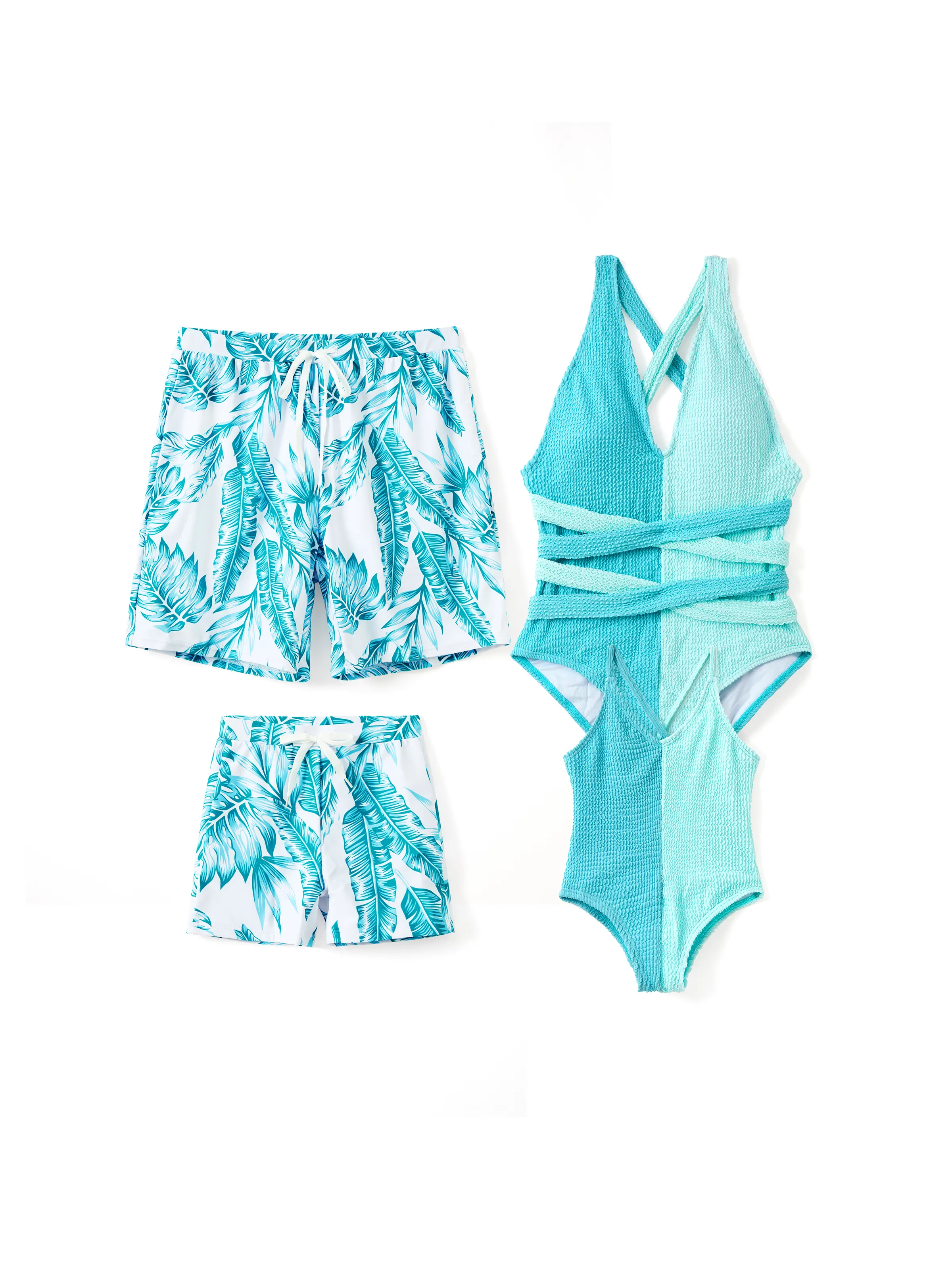 Family Matching Colorblock Textured Self-tie One-Piece Swimsuit and Allover Palm Leaf Print Swim Trunks Shorts