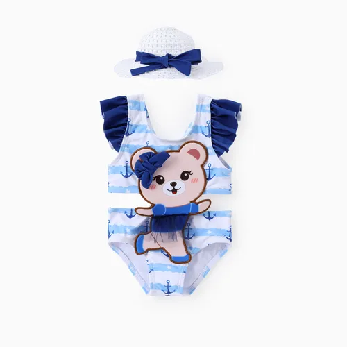 Baby Girl Bear Embroidery Striped Swimsuit with Hat