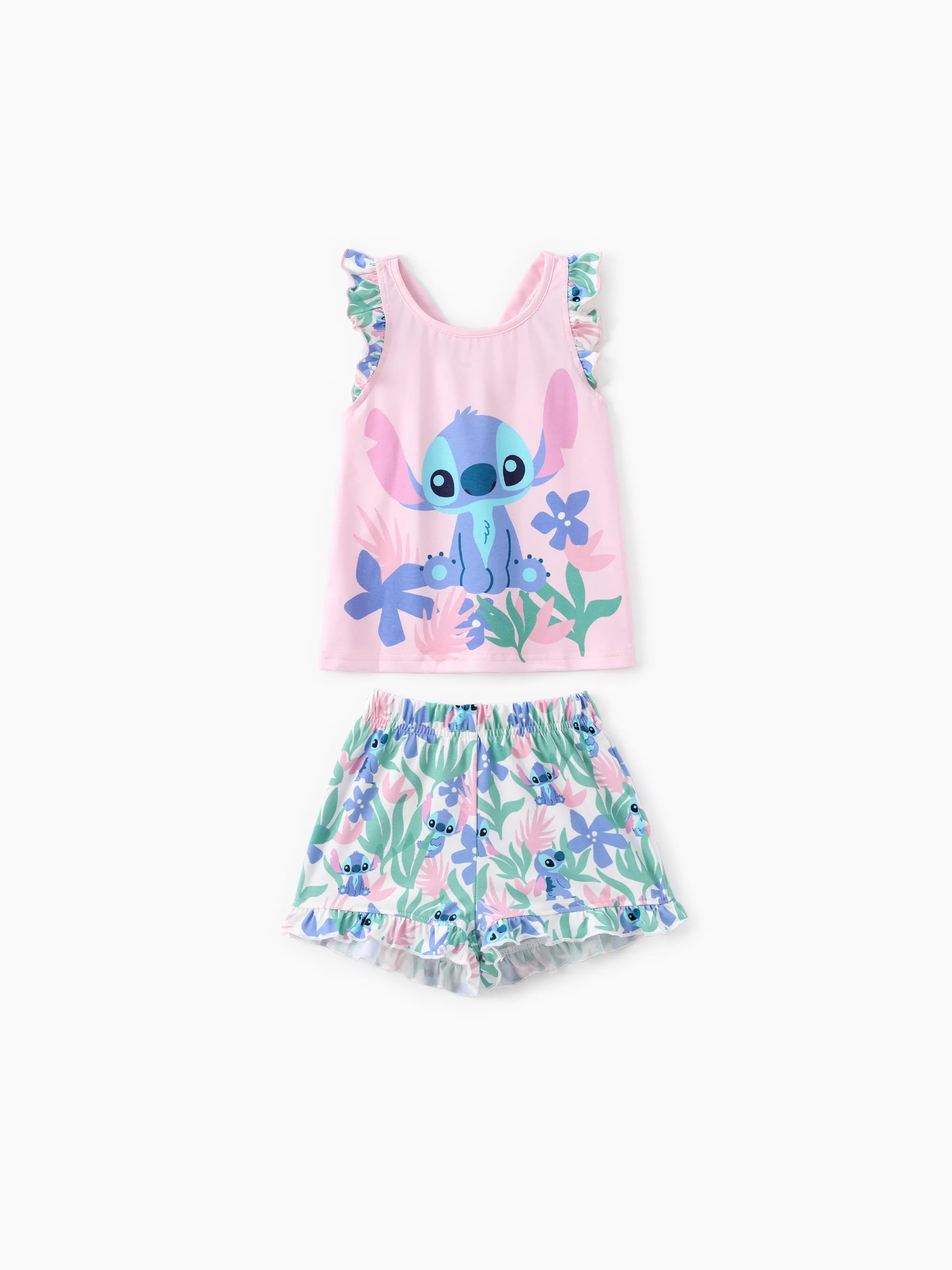 

Disney Stitch Toddler Girls 2pcs Naia™ Character Floral Ruffle tank top with Plant Tropical Flower Print Shorts Set