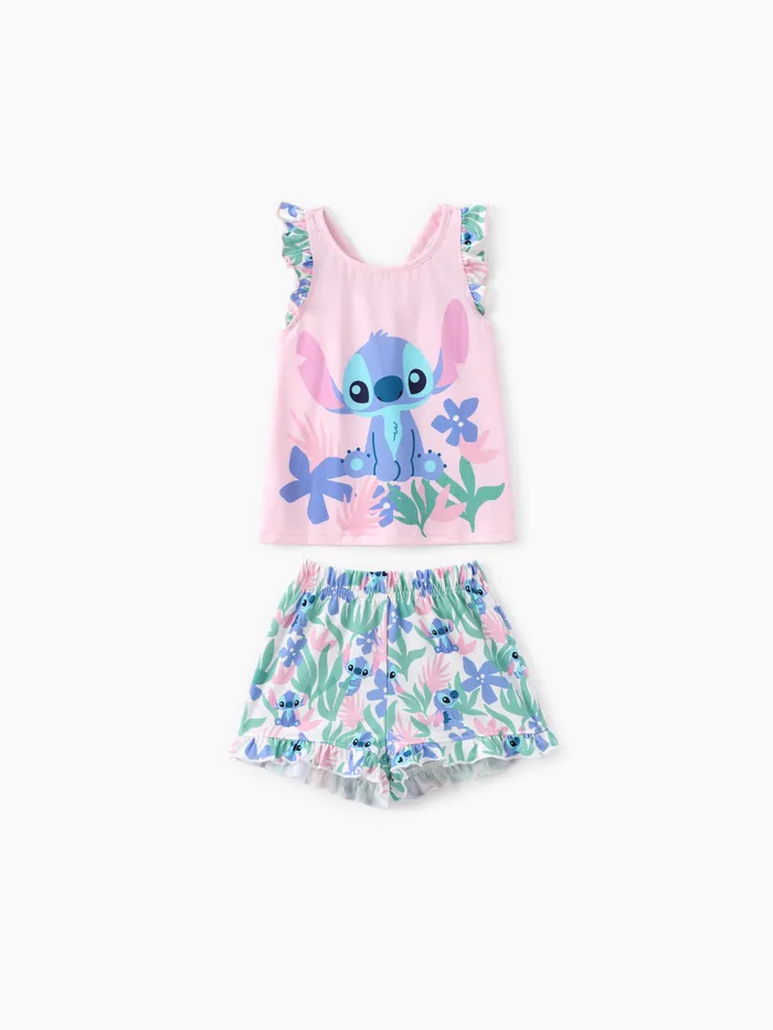 Disney Stitch Toddler Girls 2pcs Naia™ Character Floral Ruffle tank top with Plant Tropical Flower Print Shorts Set 