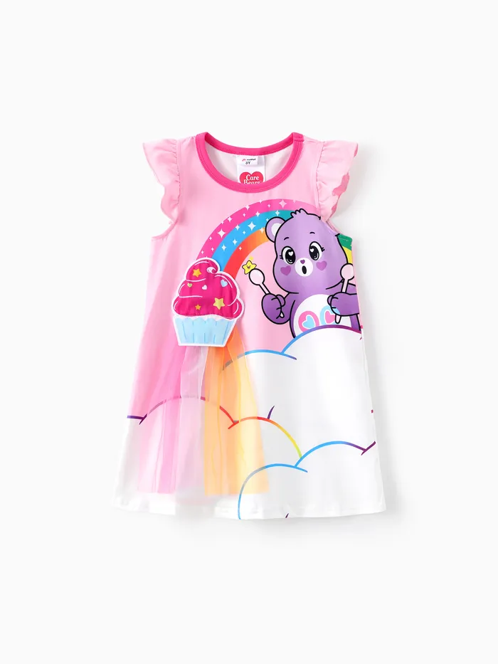 Cuidados Ursos Toddler Girls 1pc Cupcake arco-íris com personagem Estampa Flutter-sleeve vestido