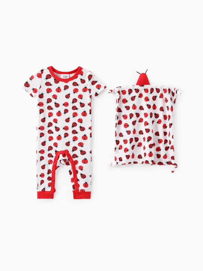 Baby Boy/Girl 2pcs Bamboo Fabric Ladybug Print Jumpsuit with Soothing Towel