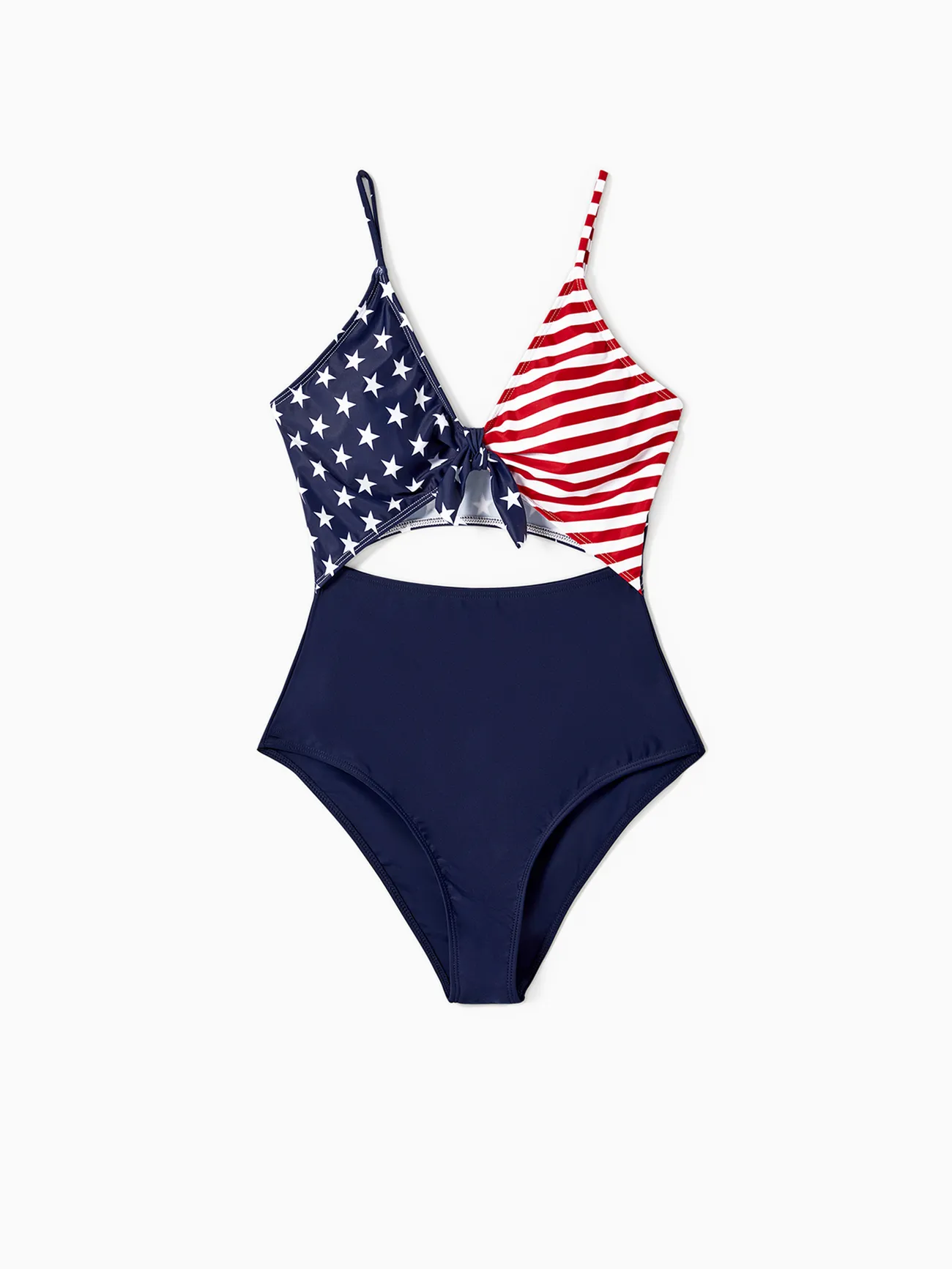 Independence Day Family Matching Star & Striped Spliced Knot Front Cut Out One-piece Swimsuit or Swim Trunks Shorts Multi-color big image 1