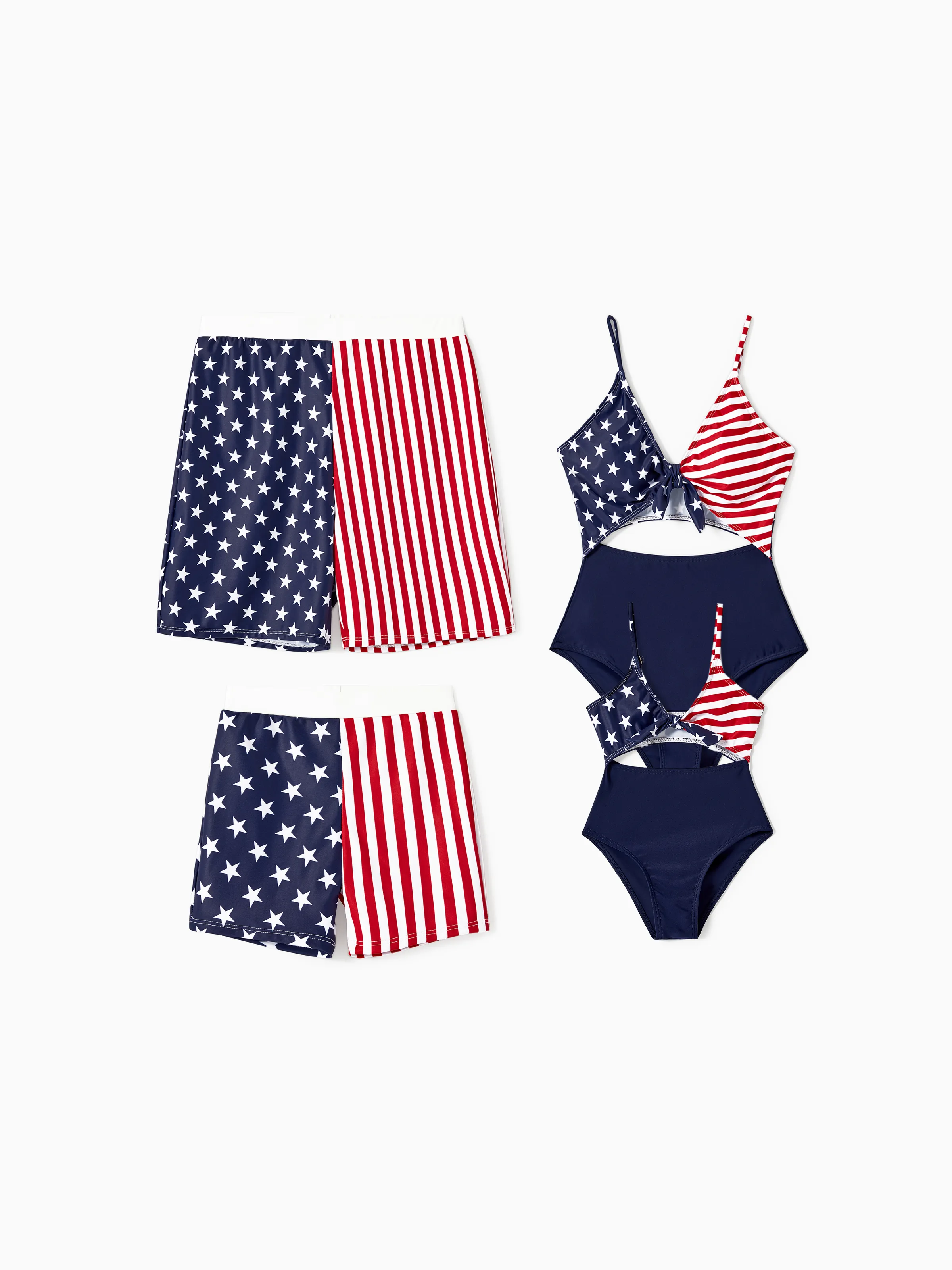 Independence Day Family Matching Star & Striped Spliced Knot Front Cut Out One-piece Swimsuit or Swim Trunks Shorts