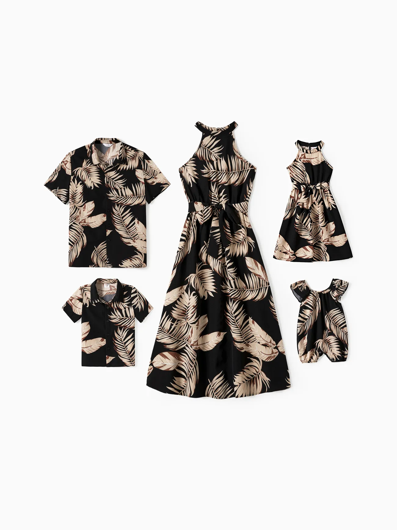 Family Matching Solid Leaf Sleeveless Halter Dresses And Short Sleeve Tops Sets Black big image 1