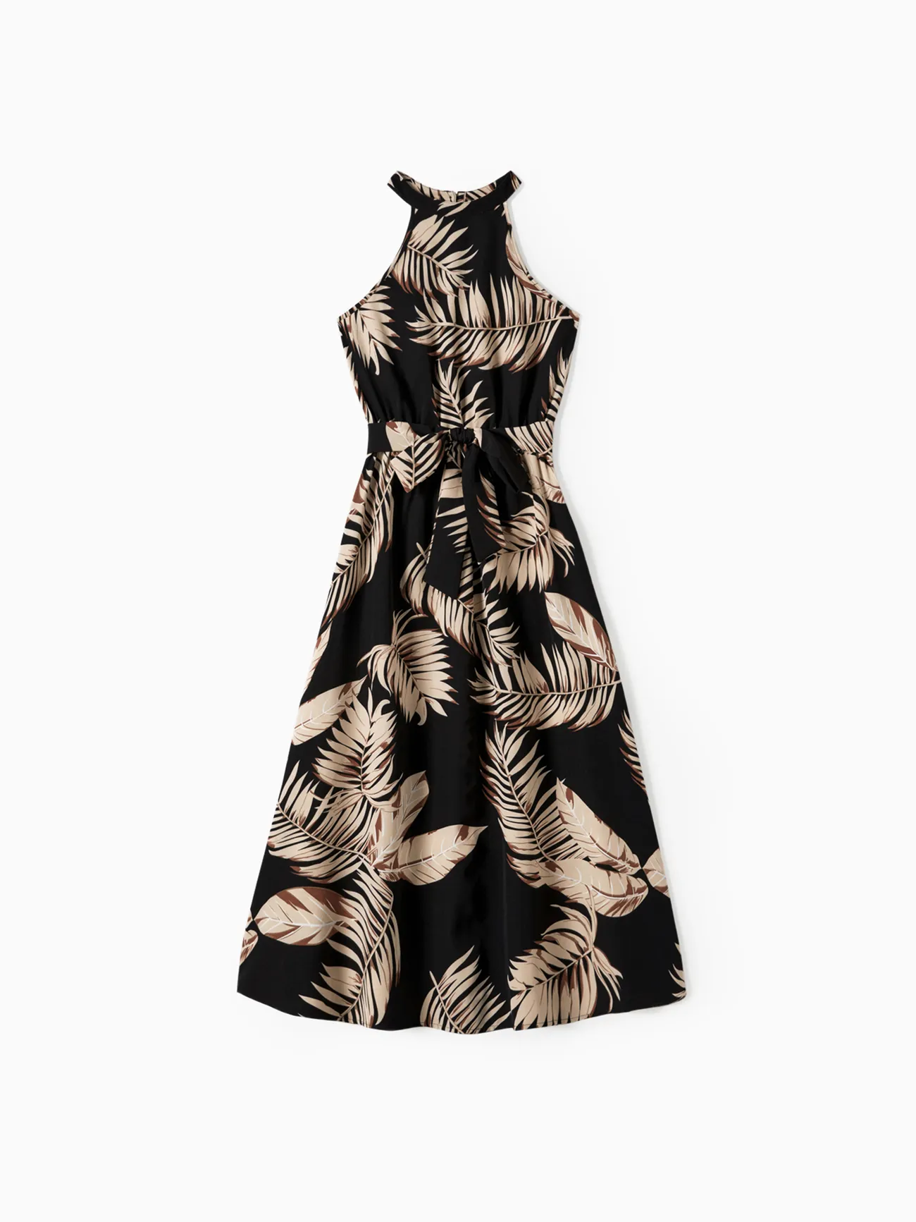 Women - Black Tropical Outfits - Family Matching Hawaiian/Cruise/Resort Outfits (Halter Dresses) with Leaves Pattern - Black - image 2