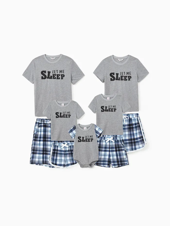 Conjuntos de pijamas a juego para la familia Let Me Sleep Top con estampado de eslogan Pantalones cortos con cordón a cuadros azules (resistentes a las llamas)