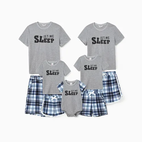 Family Matching Pajamas Sets Let Me Sleep Slogan Print Top Blue Plaid Drawstring Shorts  (Flame Resistant)